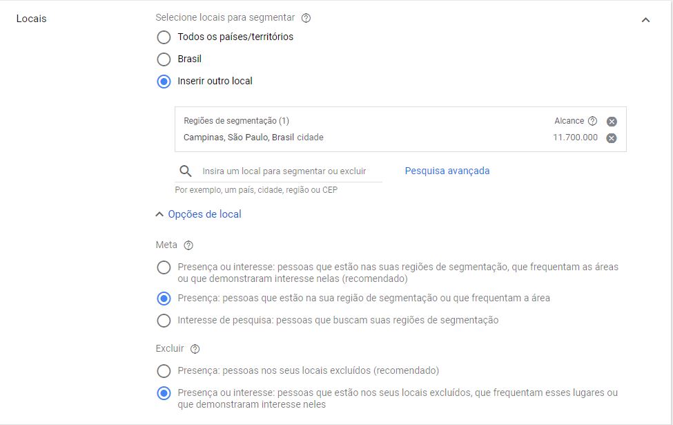 Configuração de local